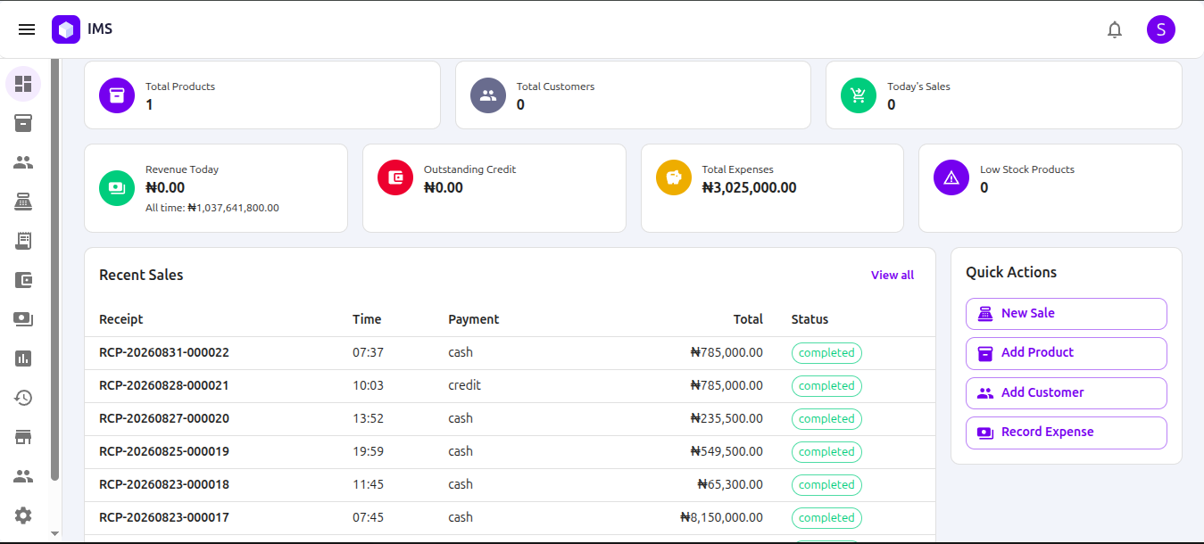 Inventory OS dashboard showing sales, revenue, expenses, and recent sales