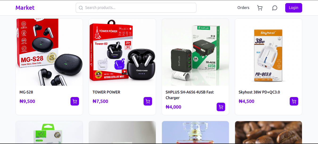 NasFon Market storefront with product grid and search